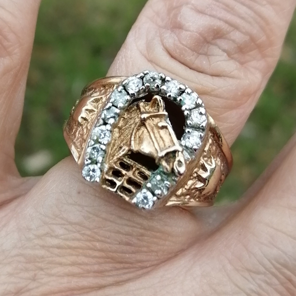 Horseshoe Horse Unisex Ring 18K Gold Plated Steel Silver CZ Sz 9 Western Cowboy